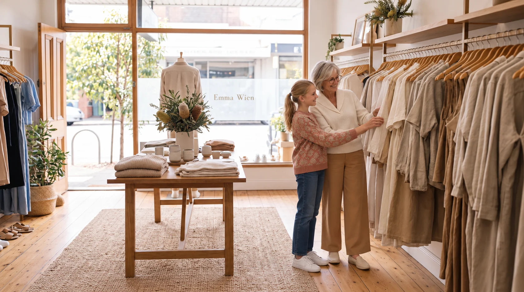Zwei Personen betrachten Kleidung in der Boutique von Emma Wien