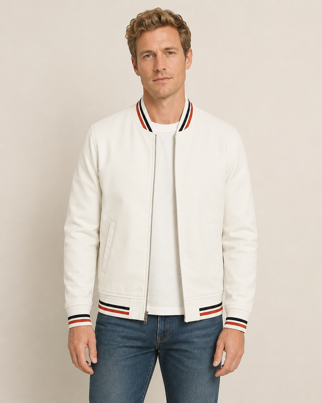 Alexandru modern striped bomber jacket worn by model in warm beige studio