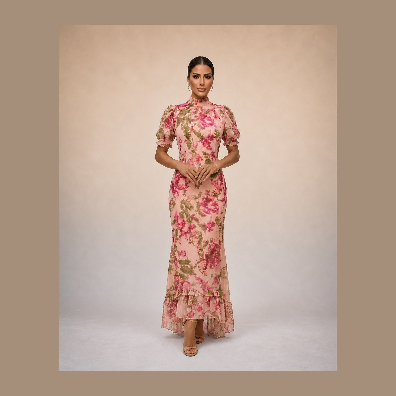 Rochie maxi roz cu imprimeu floral Ana-Paula, vedere frontală