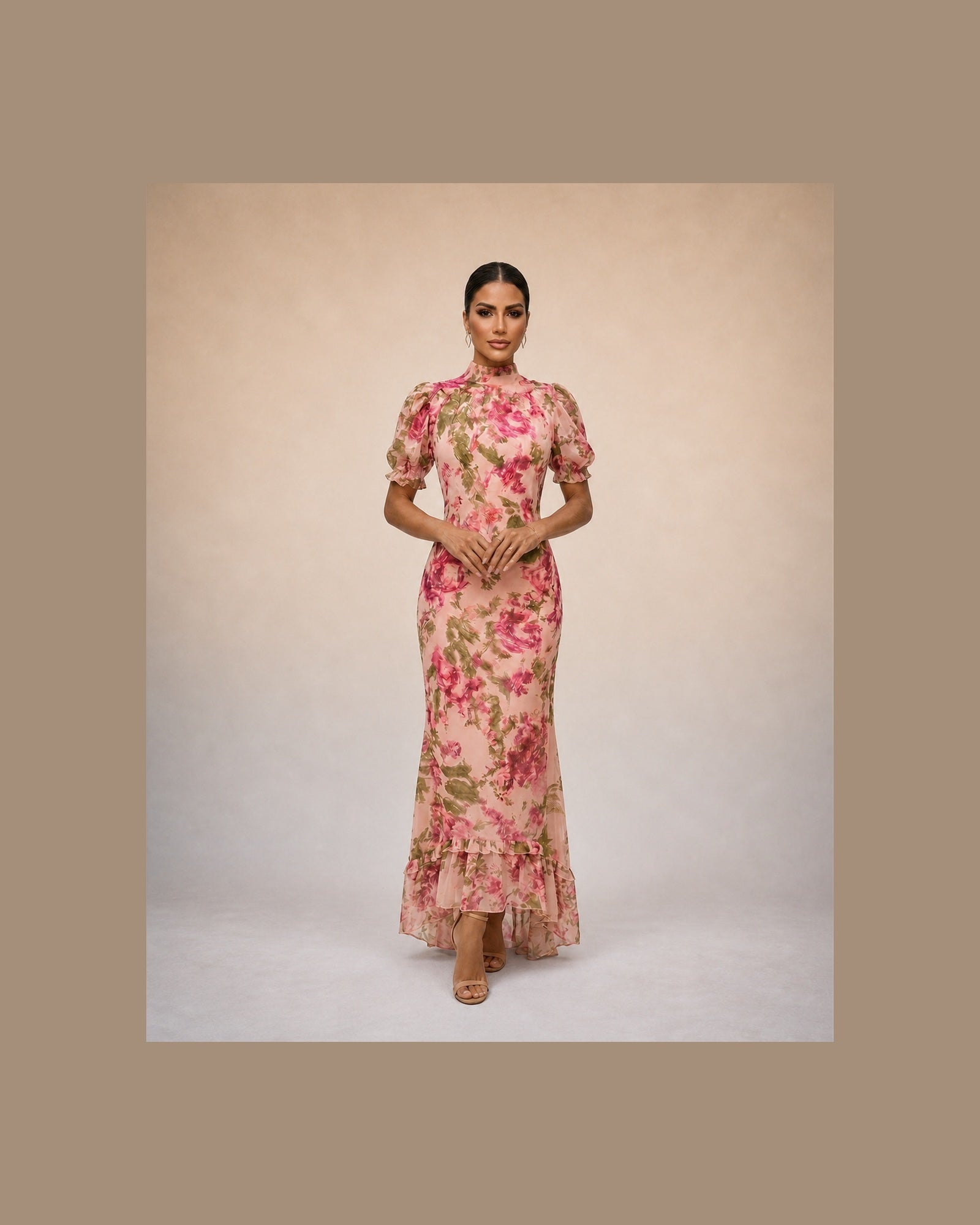 Rochie maxi roz cu imprimeu floral Ana-Paula, vedere frontală