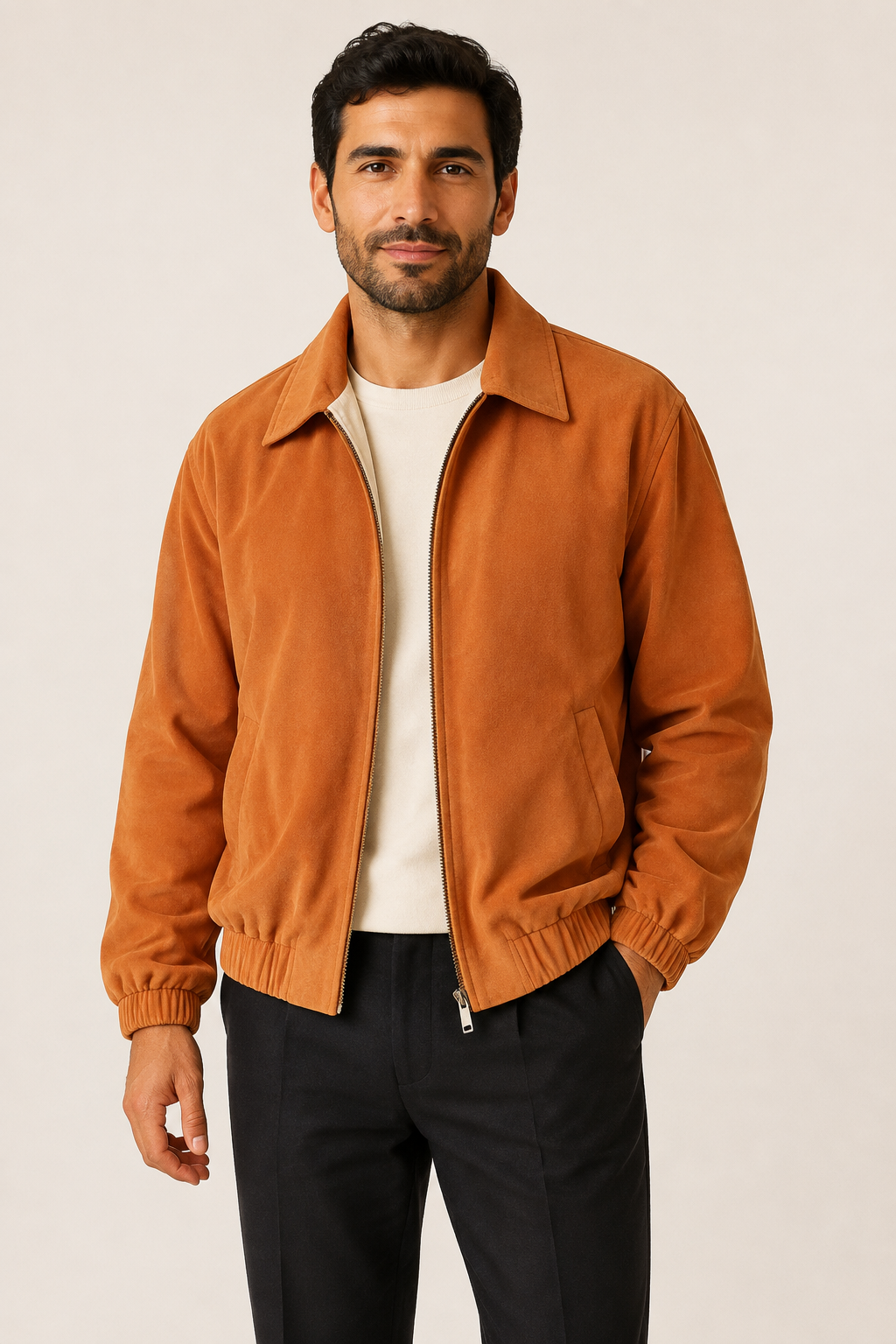 Men's rust-brown bomber jacket with shirt collar, worn by model in warm beige studio