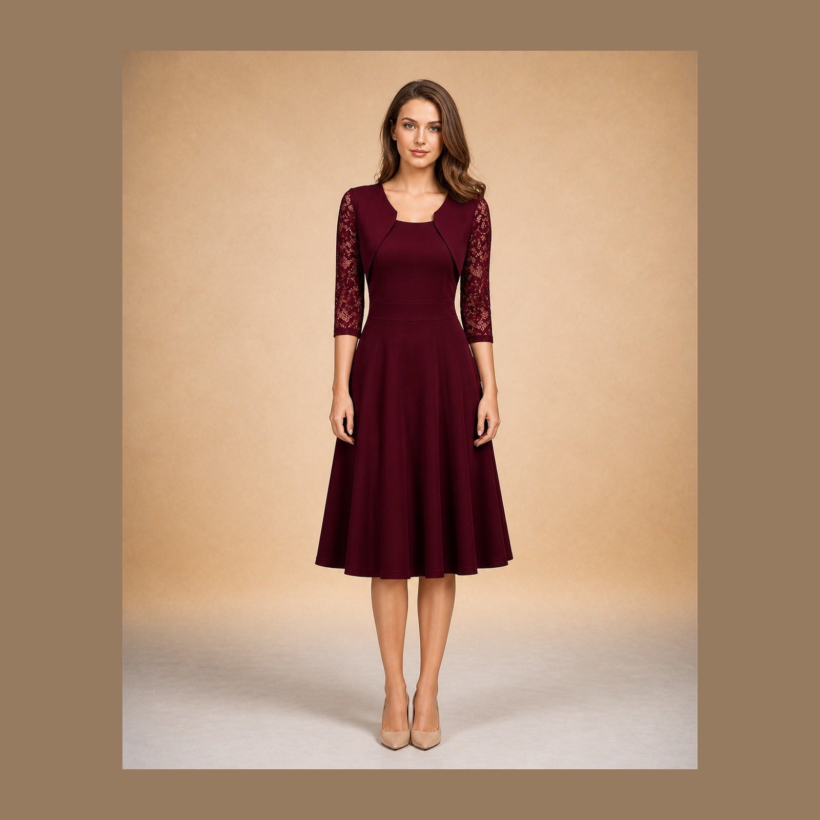 Rochie Bordeaux Elena cu mâneci din dantelă, vedere frontală pe fundal EVA