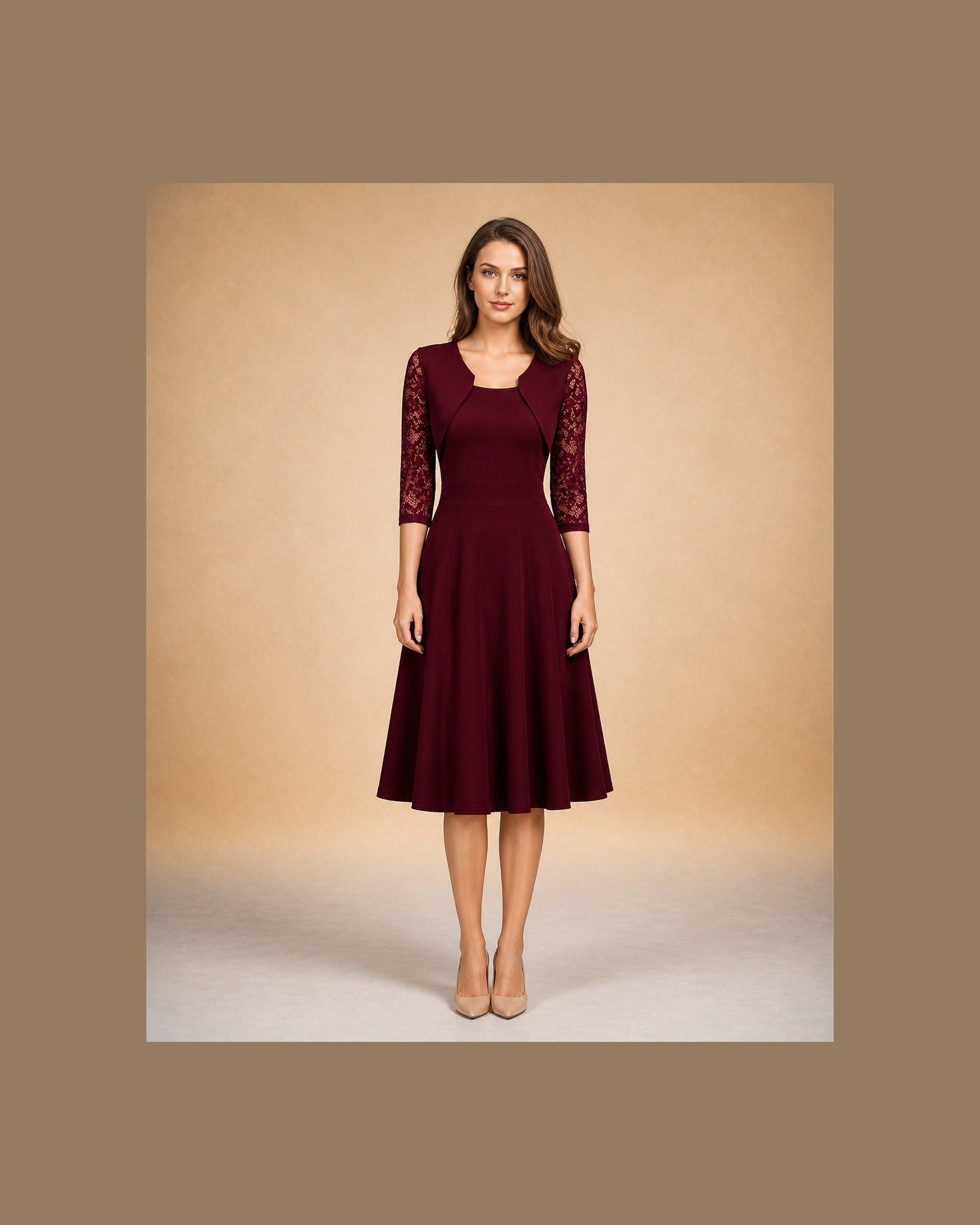 Rochie Bordeaux Elena cu mâneci din dantelă, vedere frontală pe fundal EVA