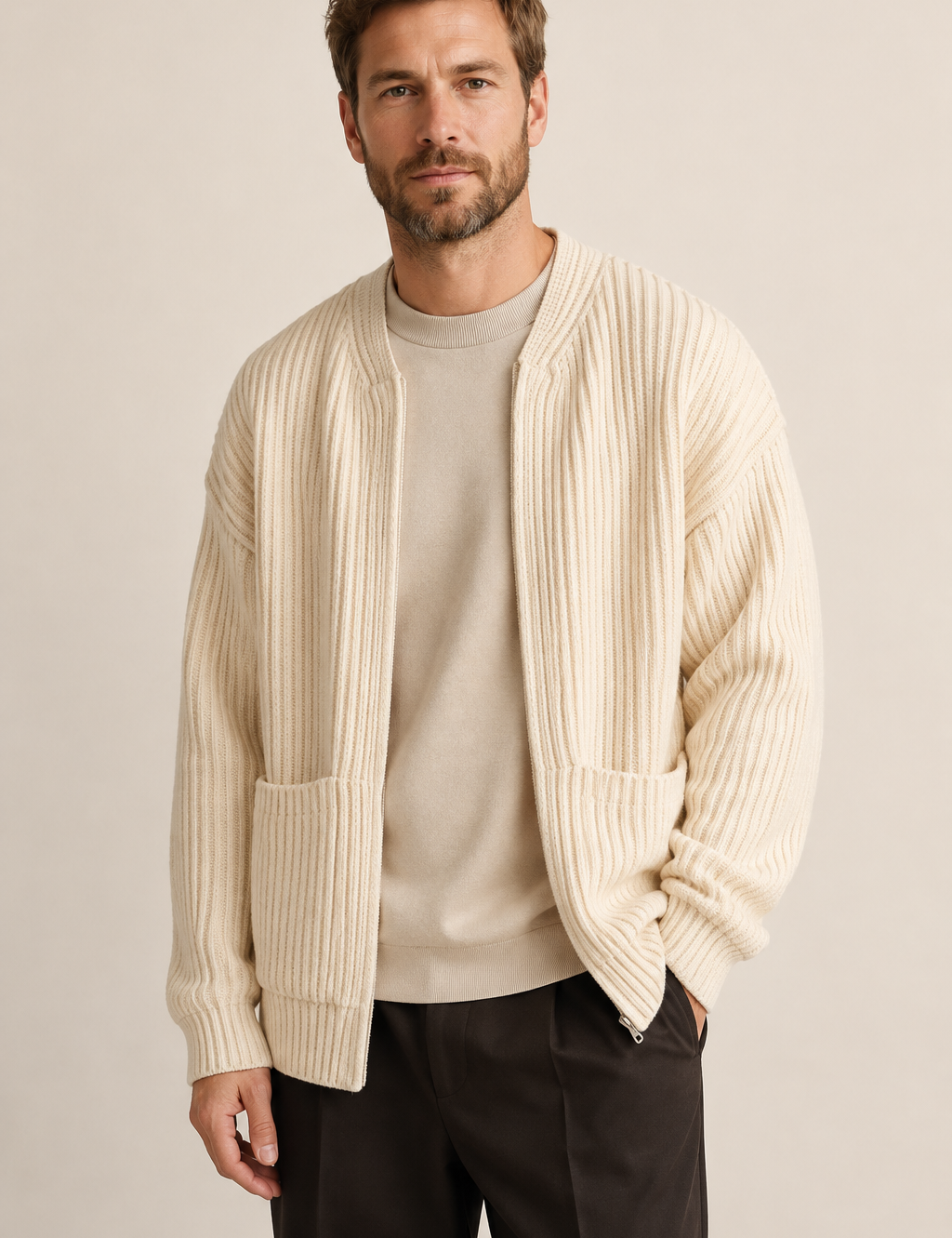Men's ivory ribbed knit cardigan, worn by model in warm beige studio