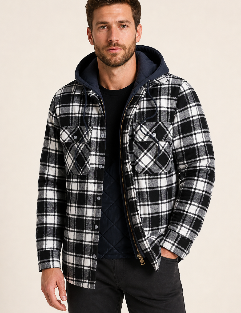 Men's black white and grey plaid hooded jacket, worn by model in warm beige studio