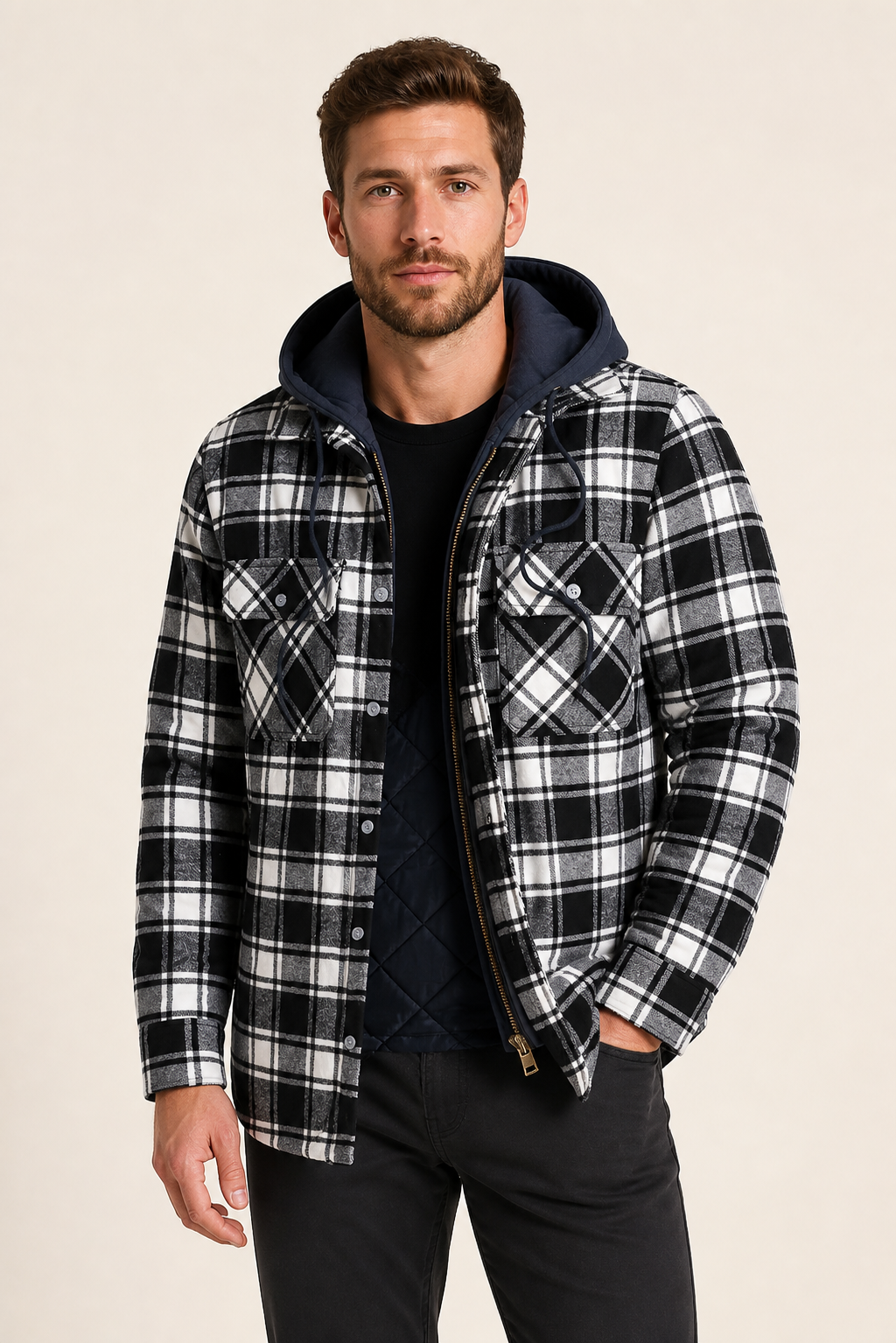 Men's black white and grey plaid hooded jacket, worn by model in warm beige studio