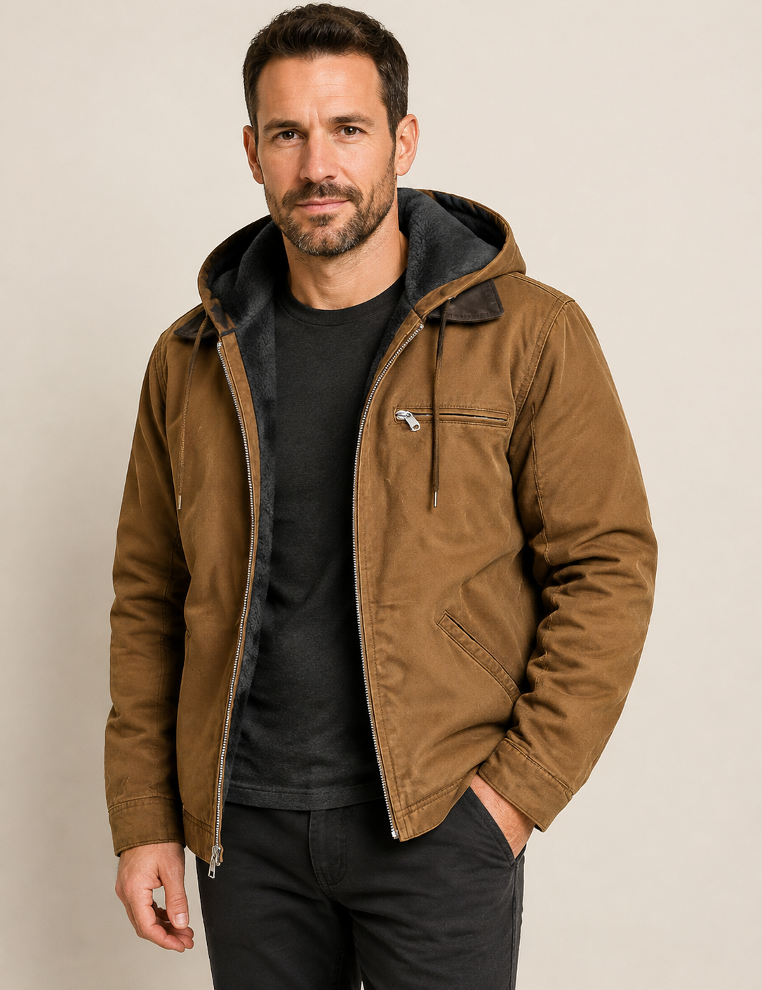 Men's warm brown hooded winter jacket, worn by model in warm beige studio