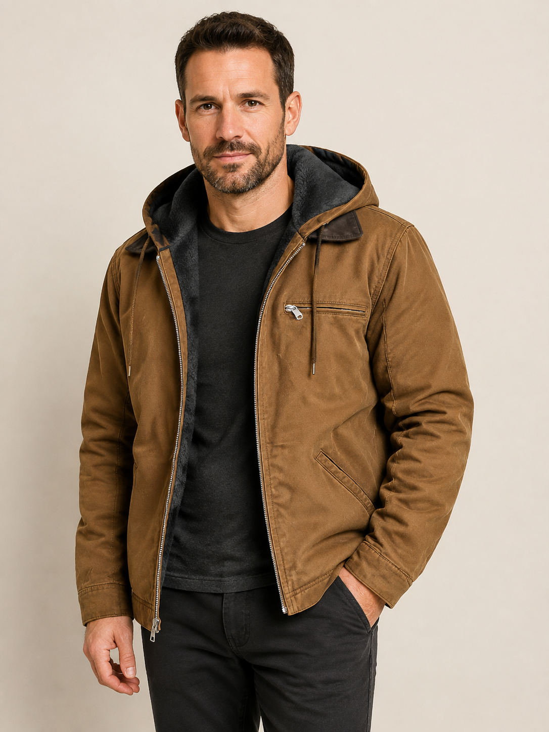 Men's warm brown hooded winter jacket, worn by model in warm beige studio