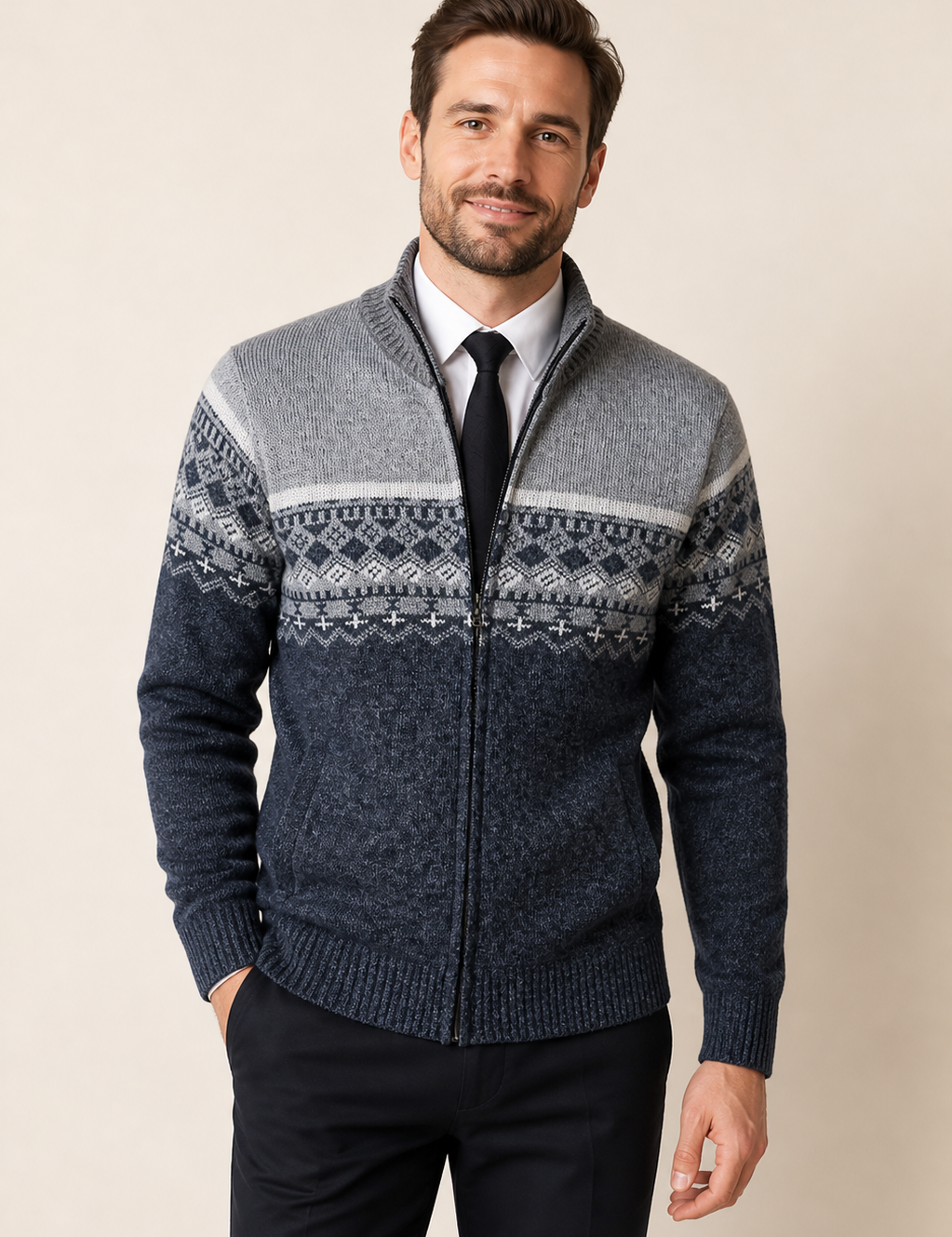Men's navy and grey Nordic knit zip cardigan, worn by model in warm beige studio