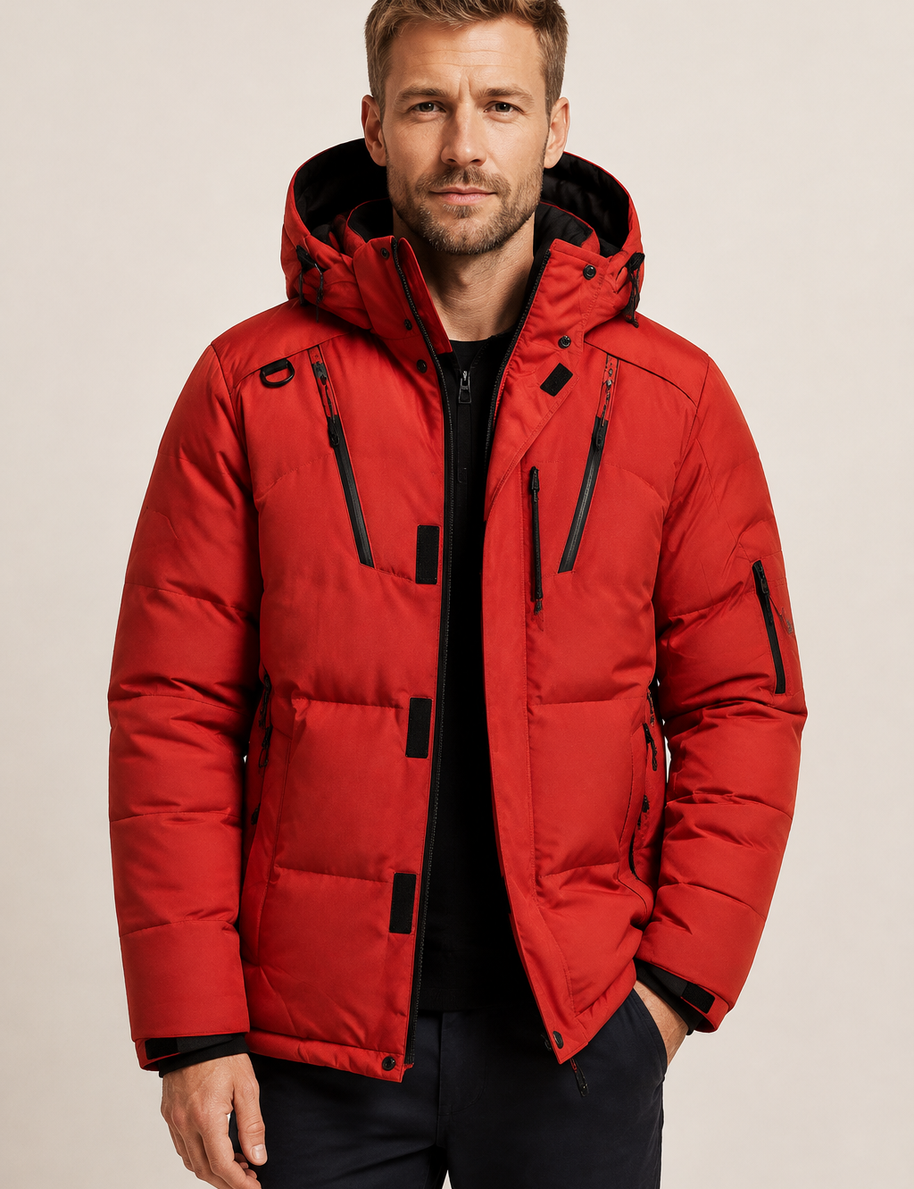 Men's red technical winter jacket, worn by model in warm beige studio