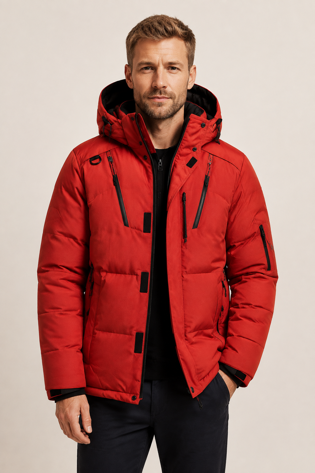 Men's red technical winter jacket, worn by model in warm beige studio