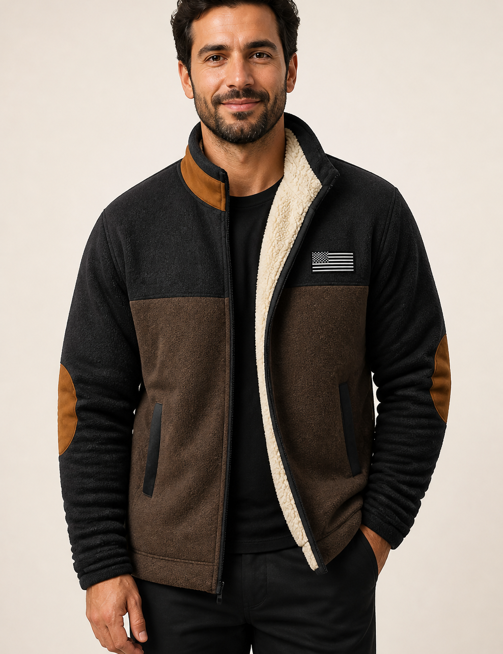 Men's black and brown sherpa-lined fleece jacket, worn by model in warm beige studio