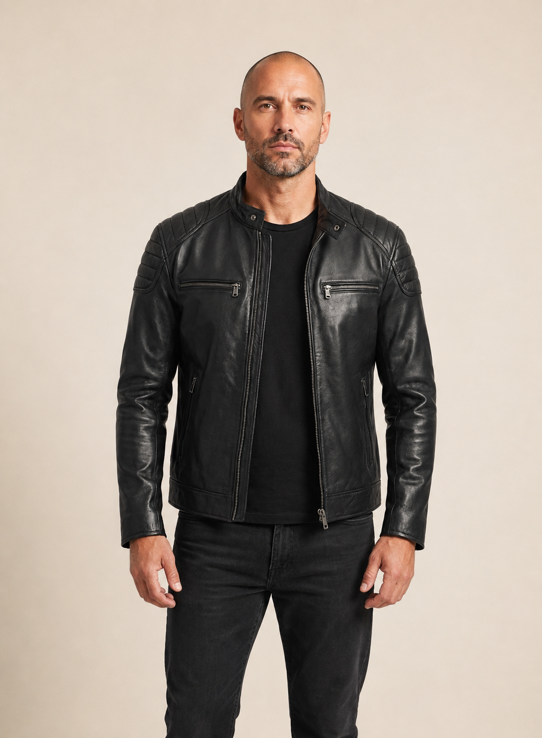Andrei men's leather motorcycle jacket worn by model in warm beige studio