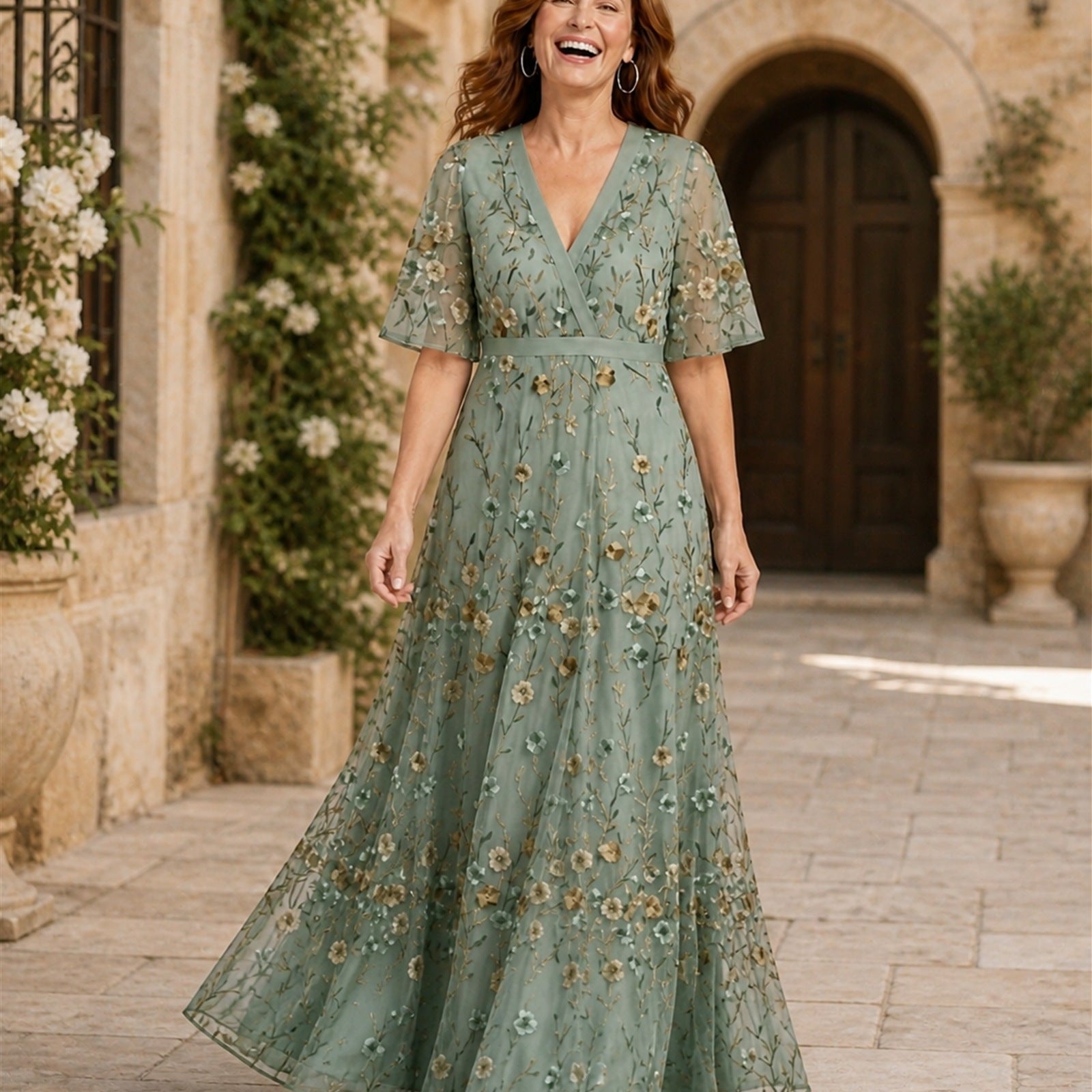 Ana-Roxana în rochie maxi verde salvie cu broderie florală, vedere frontală în exterior