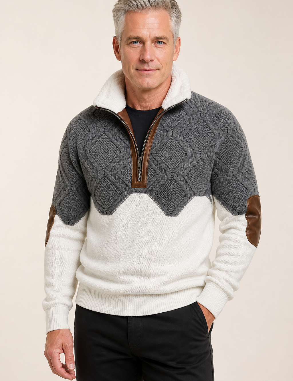 Men's grey and white cable-knit sherpa collar zip pullover, worn by model in warm beige studio