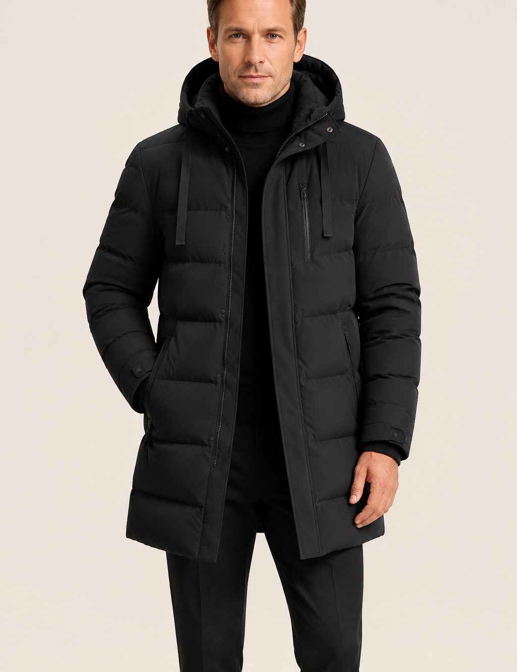 Men's black long hooded winter parka, worn by model in warm beige studio