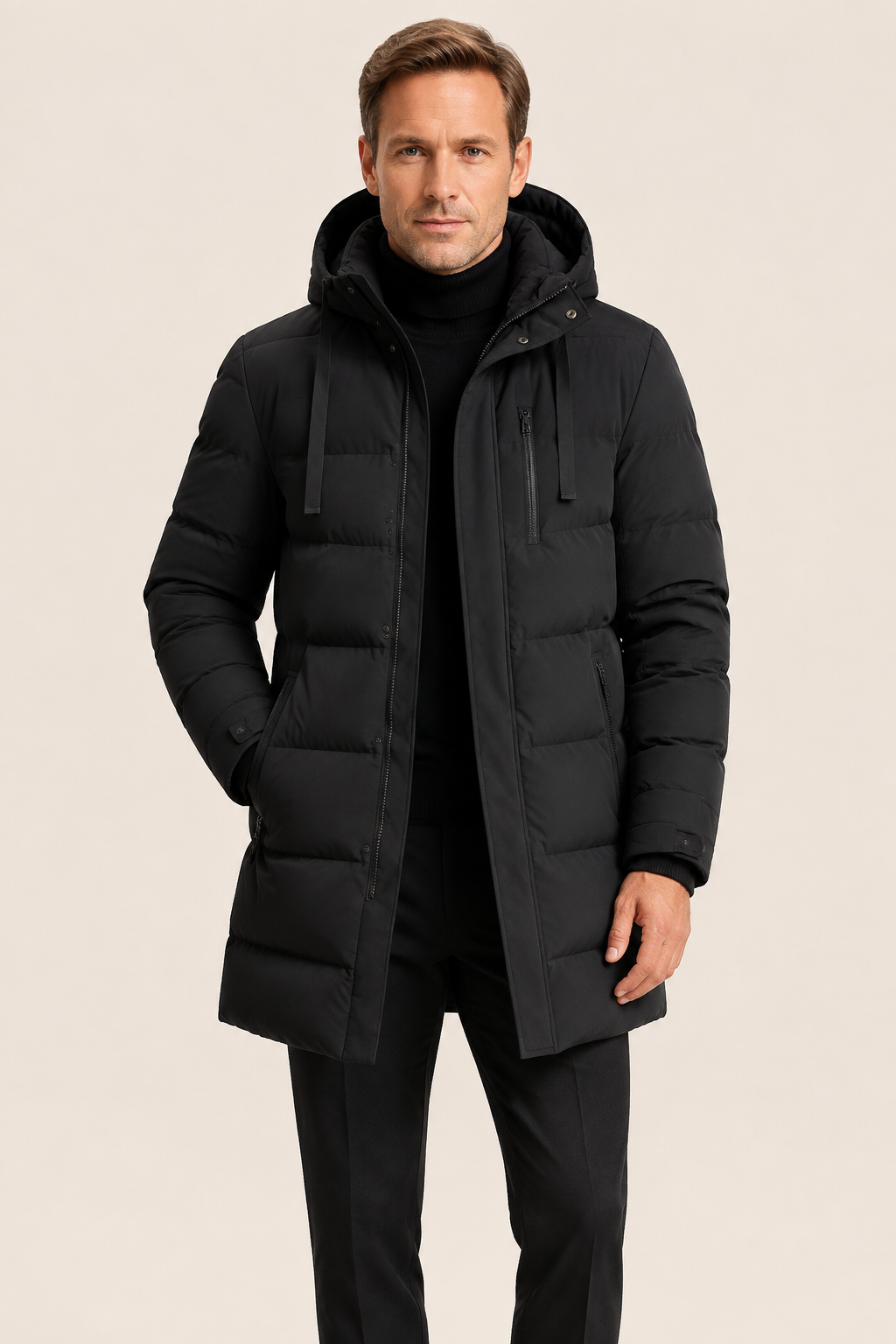 Men's black long hooded winter parka, worn by model in warm beige studio