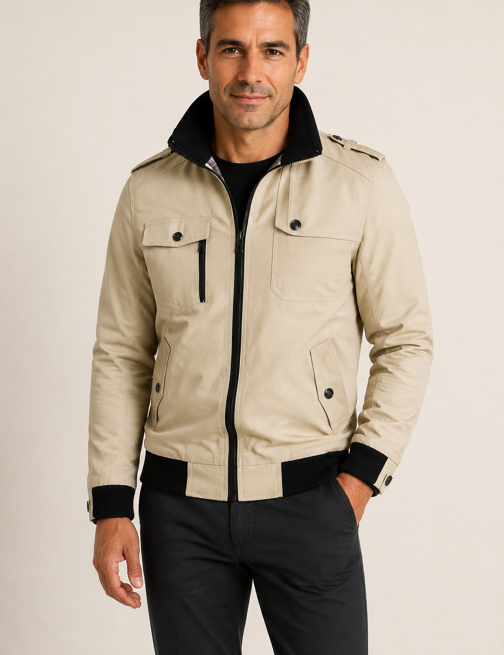 Men's light beige windproof bomber jacket, worn by model in warm beige studio