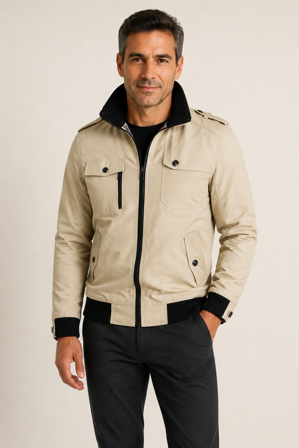 Men's light beige windproof bomber jacket, worn by model in warm beige studio