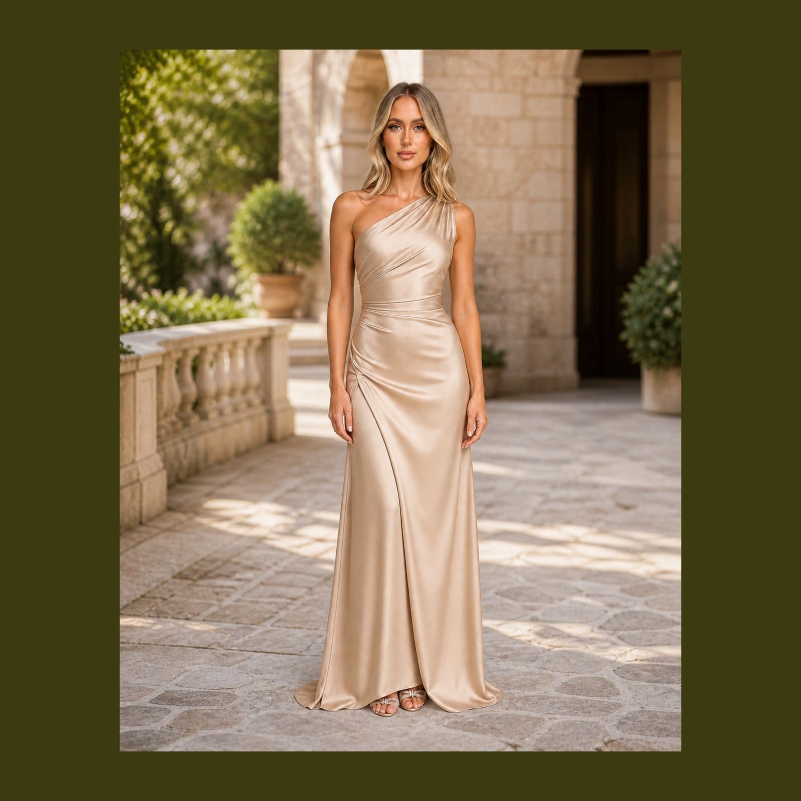 Iulia în rochie Cais, vedere frontală în exterior