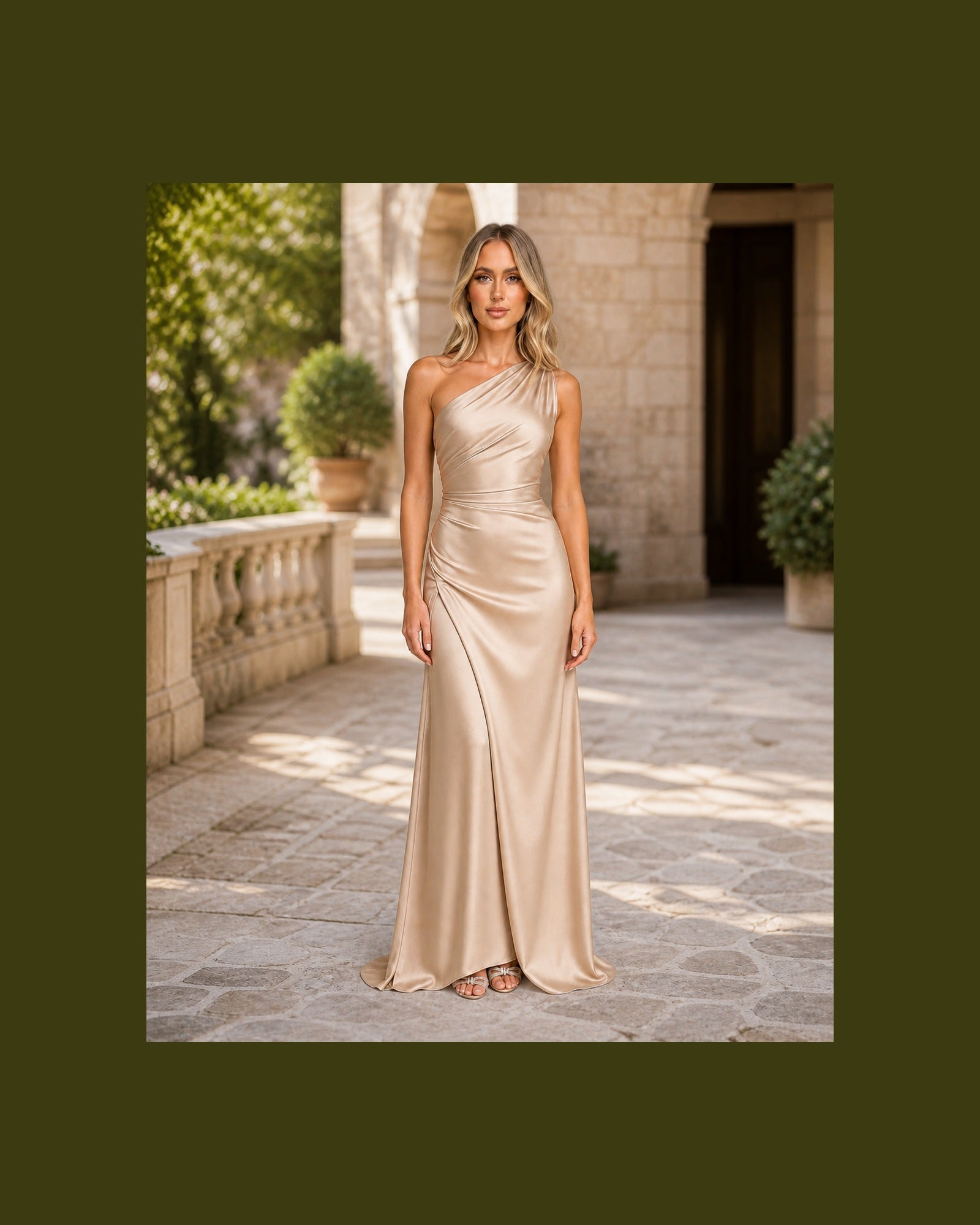 Iulia în rochie Cais, vedere frontală în exterior