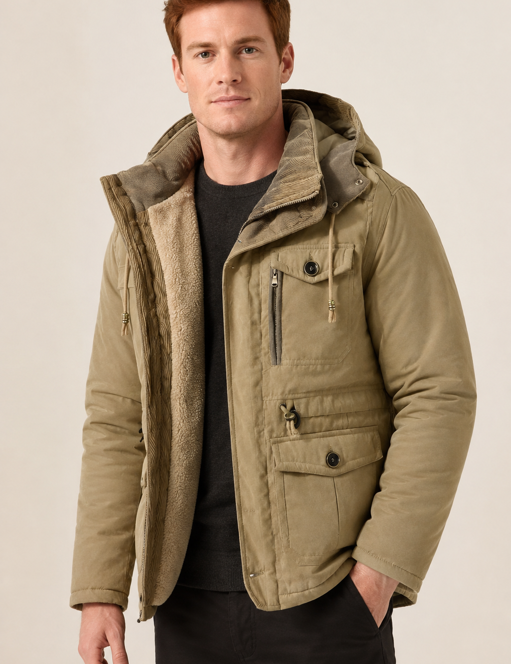 Men's khaki-beige padded winter jacket, worn by model in warm beige studio