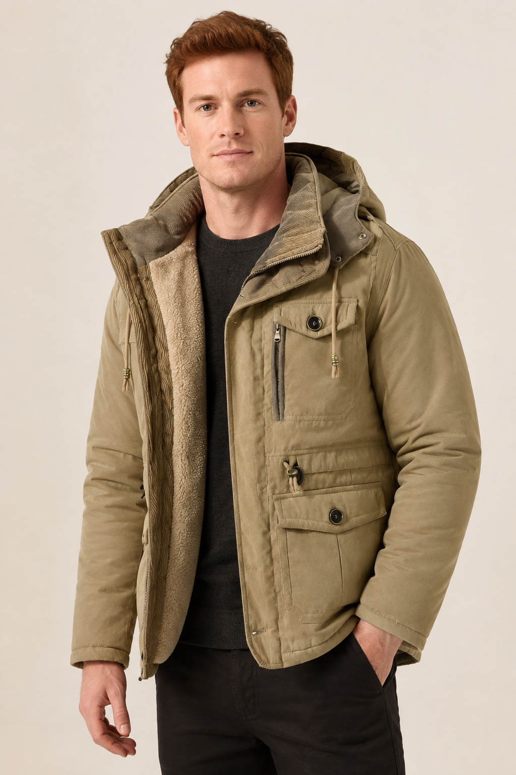 Men's khaki-beige padded winter jacket, worn by model in warm beige studio