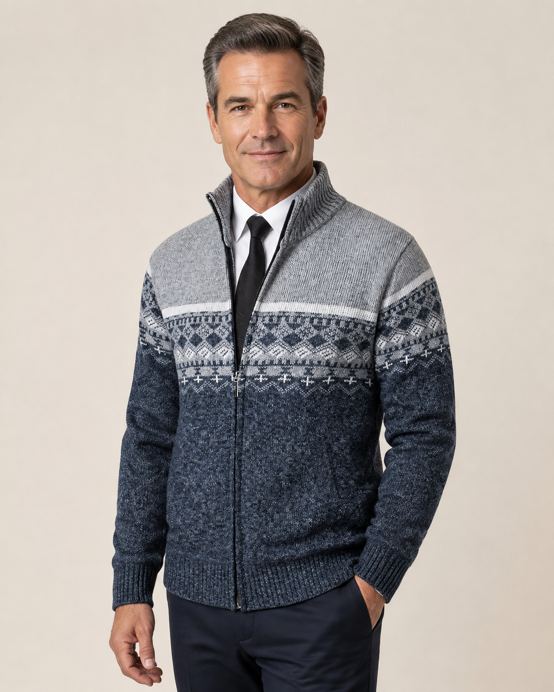 Men's navy and grey Nordic knit zip cardigan, worn by model in warm beige studio