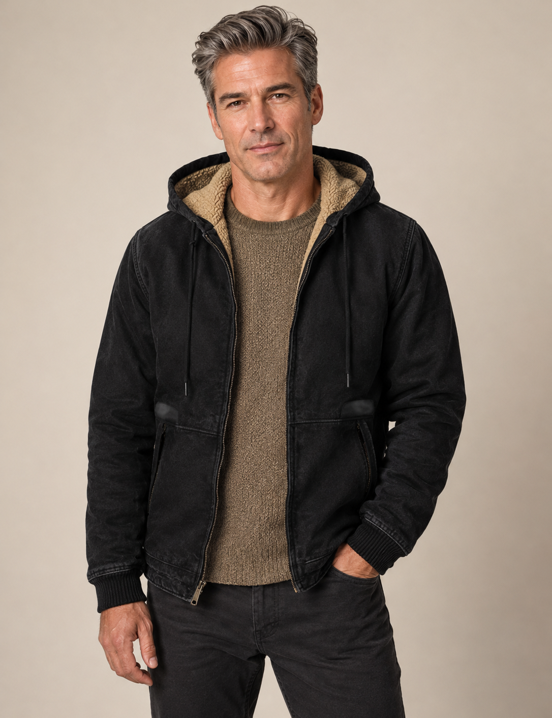 Men's black sherpa-lined ranch jacket, worn by model in warm beige studio