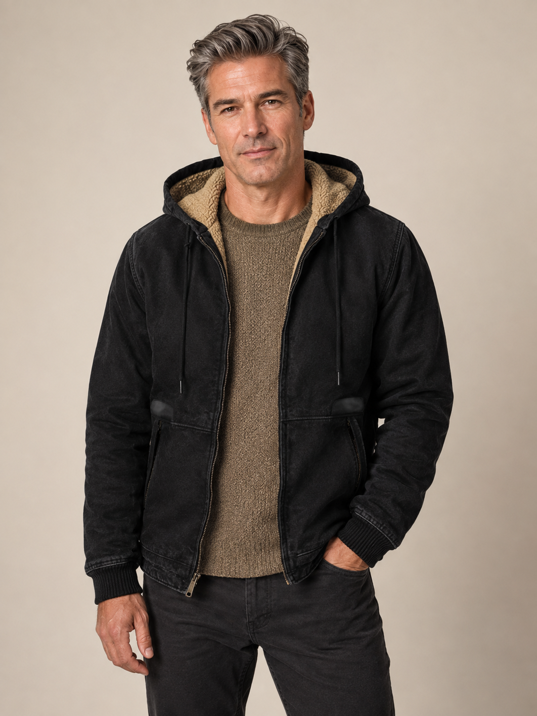 Men's black sherpa-lined ranch jacket, worn by model in warm beige studio