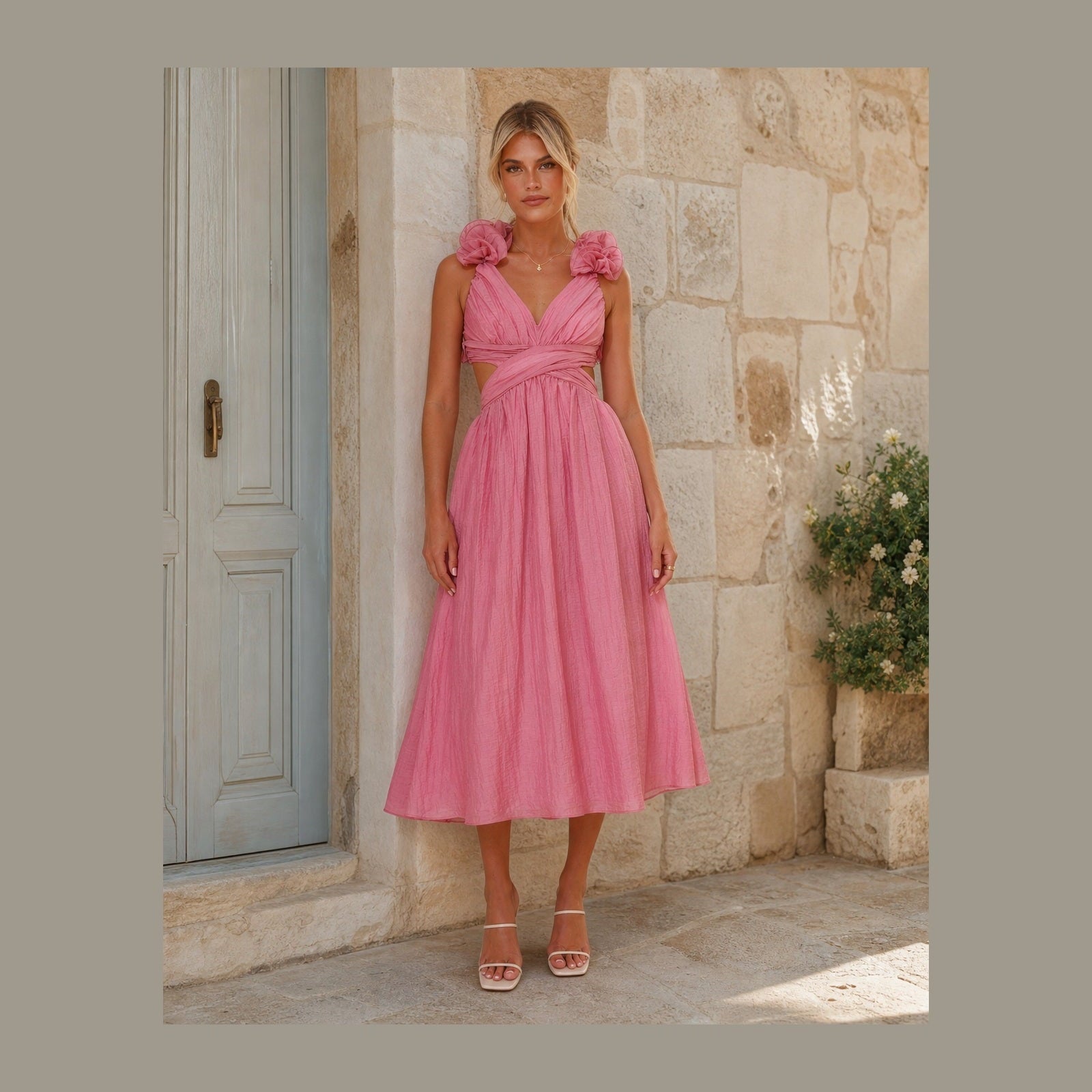 Rochie midi roz Melania cu volane pe umeri, vedere frontală în exterior
