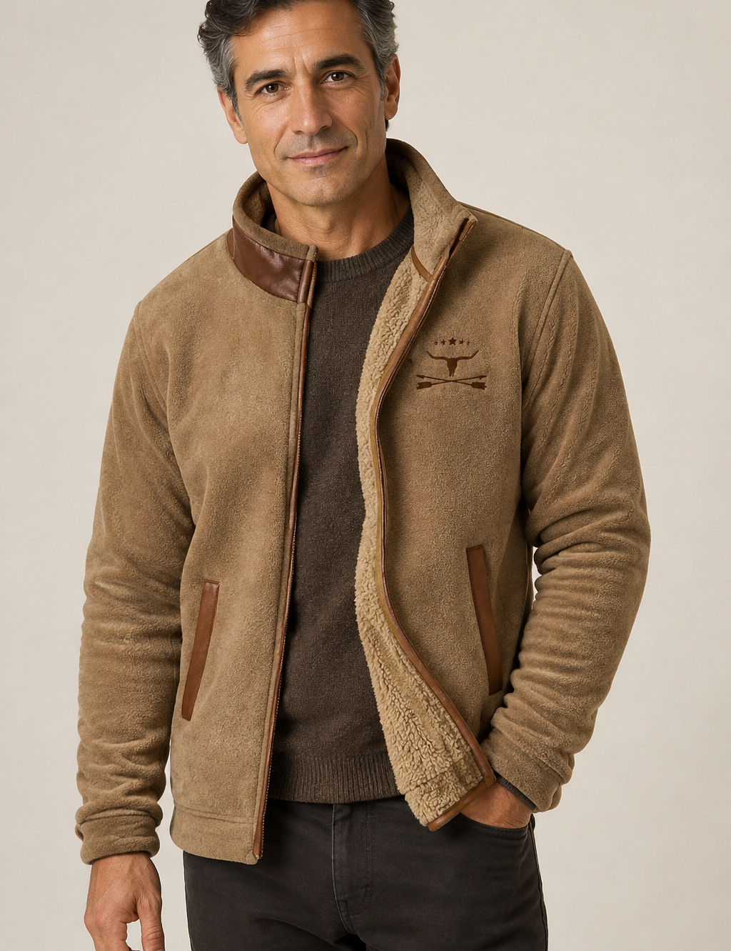 Men's tan sherpa-lined fleece jacket, worn by model in warm beige studio
