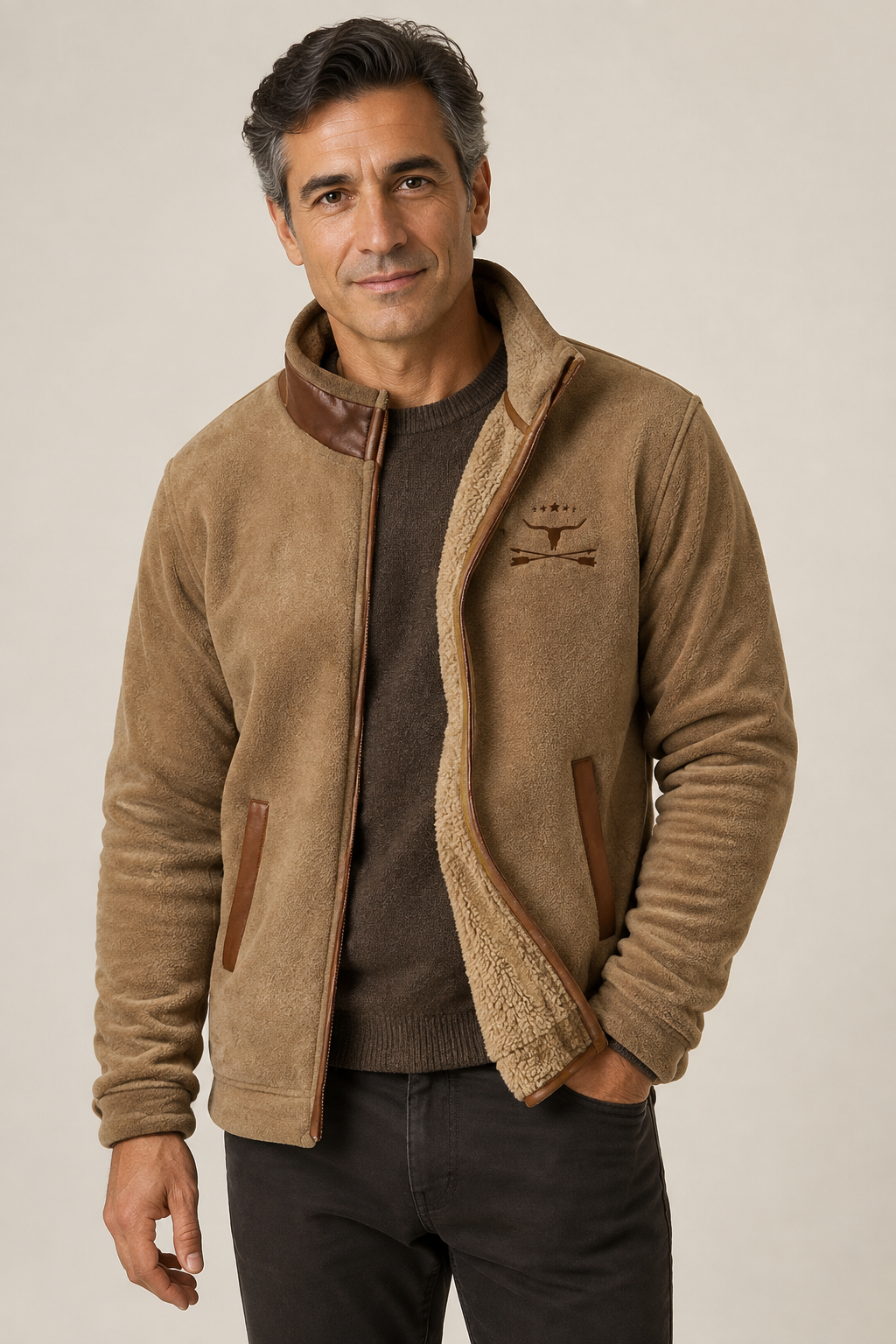 Men's tan sherpa-lined fleece jacket, worn by model in warm beige studio