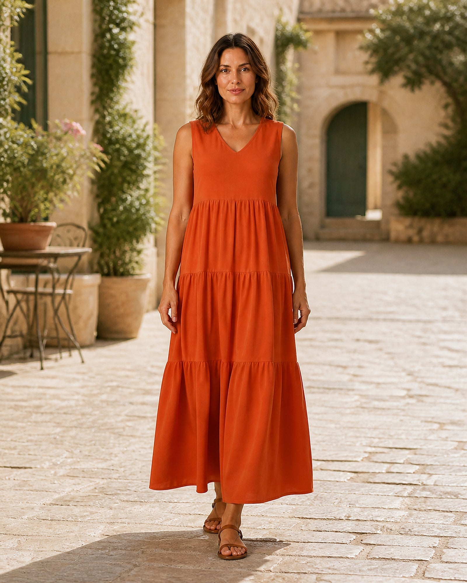 Silvia în rochie Portocaliu, vedere frontală în exterior