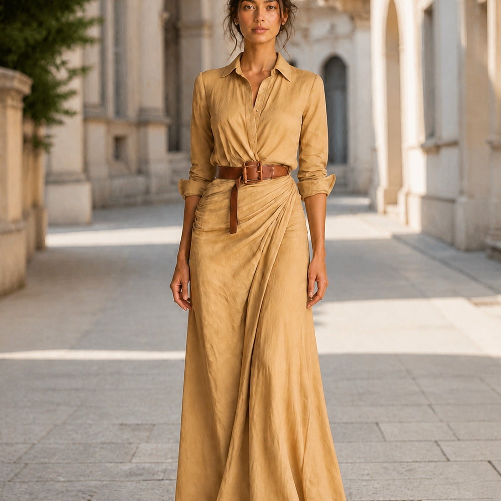 Simona-Maria în rochie Bej, vedere frontală în exterior