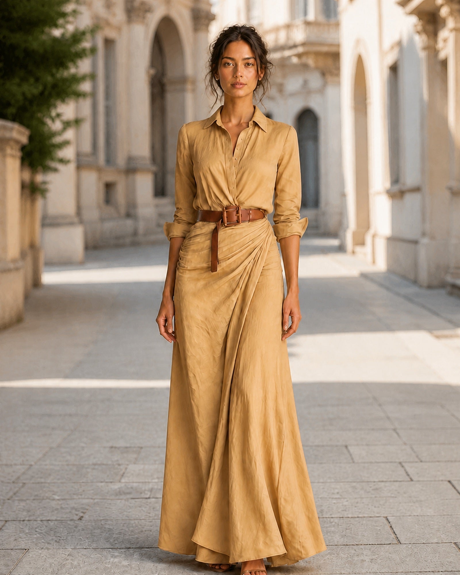 Simona-Maria în rochie Bej, vedere frontală în exterior