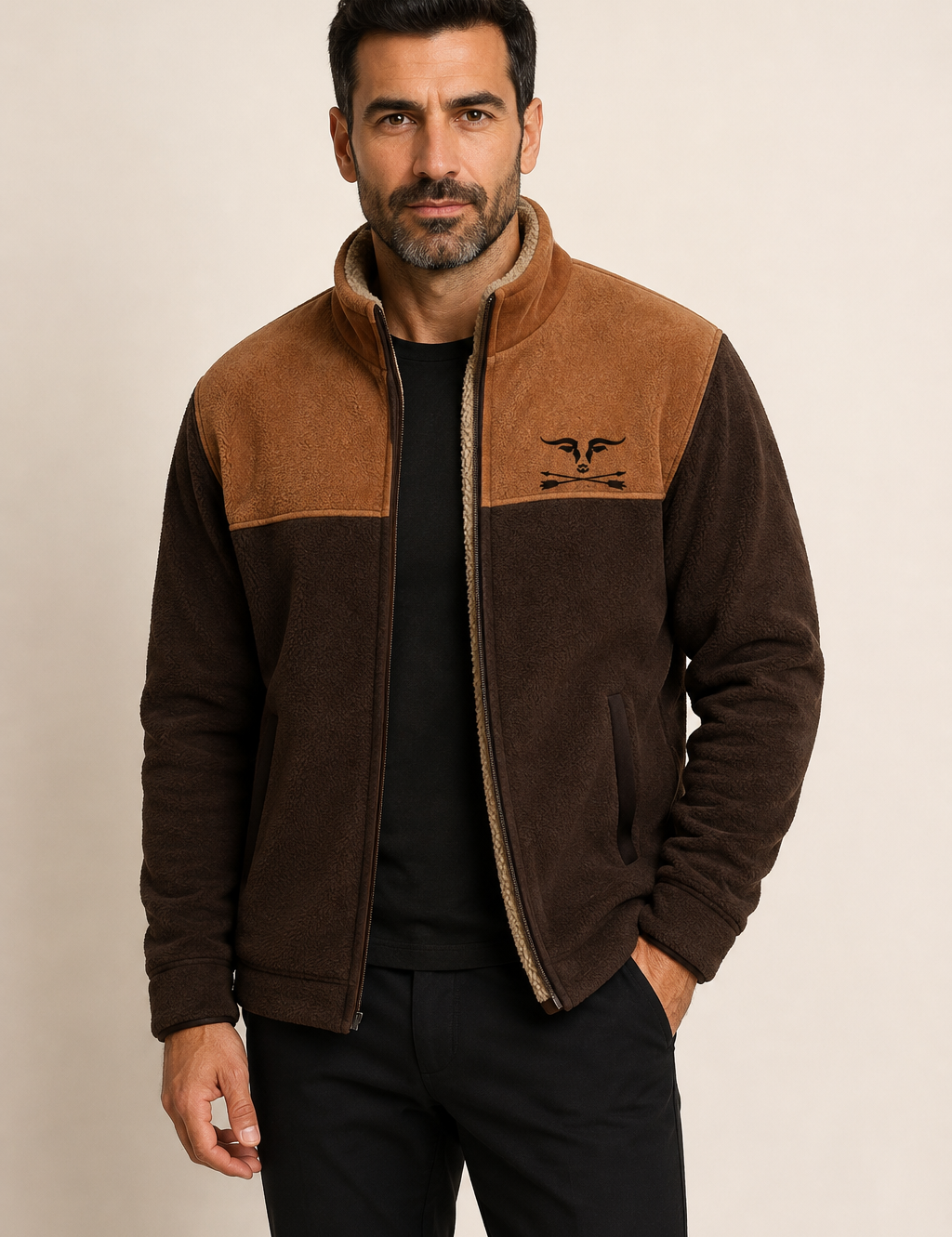 Men's dark brown fleece jacket with rust yoke and sherpa lining, worn by model in warm beige studio