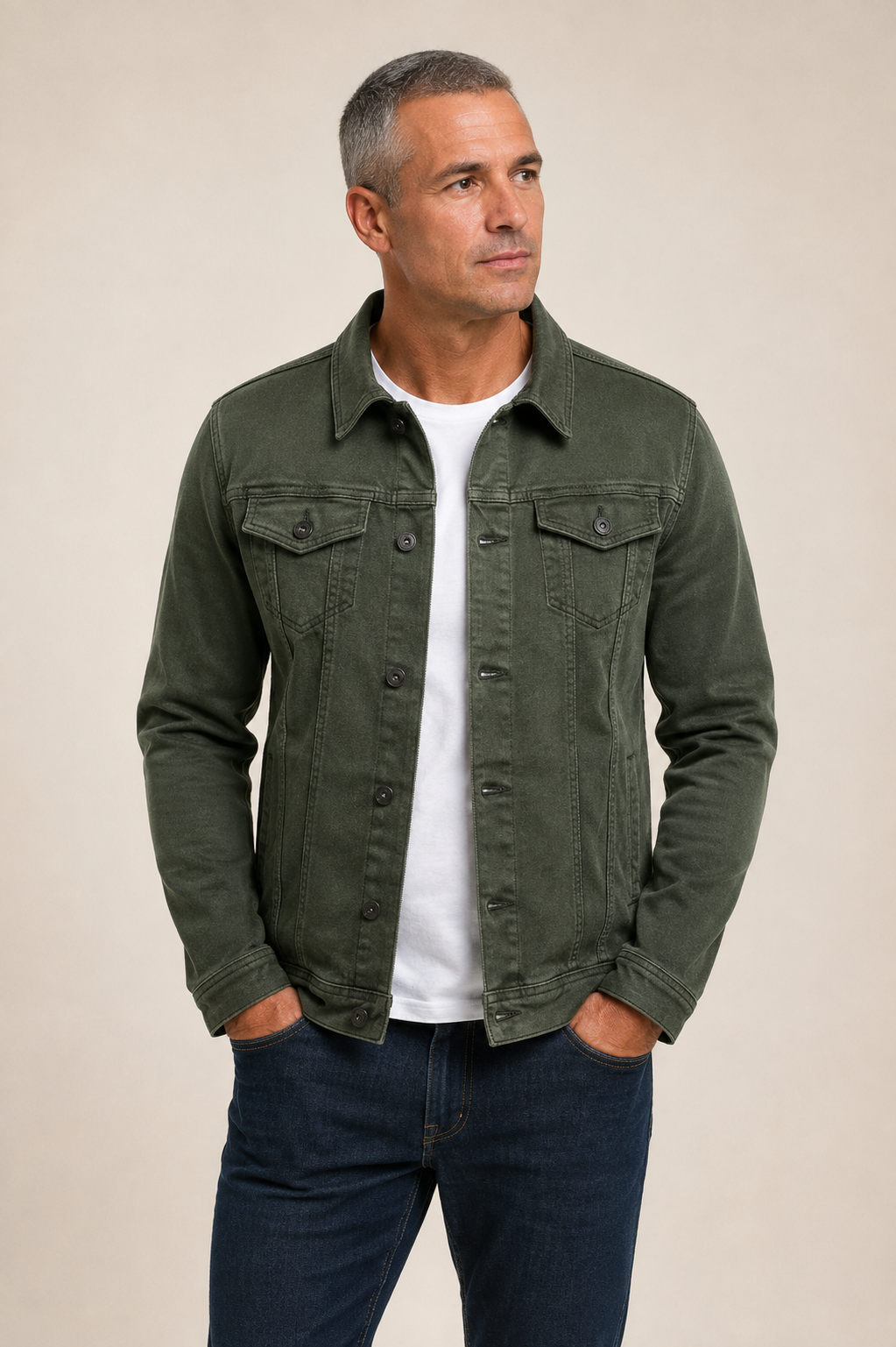 Adrian men's leather biker jacket worn by model in warm beige studio