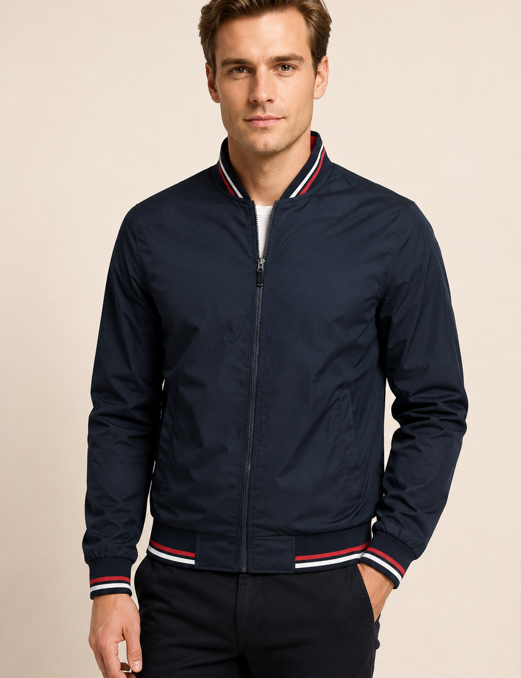 Men's navy casual bomber jacket with red and white stripe trim, worn by model in warm beige studio