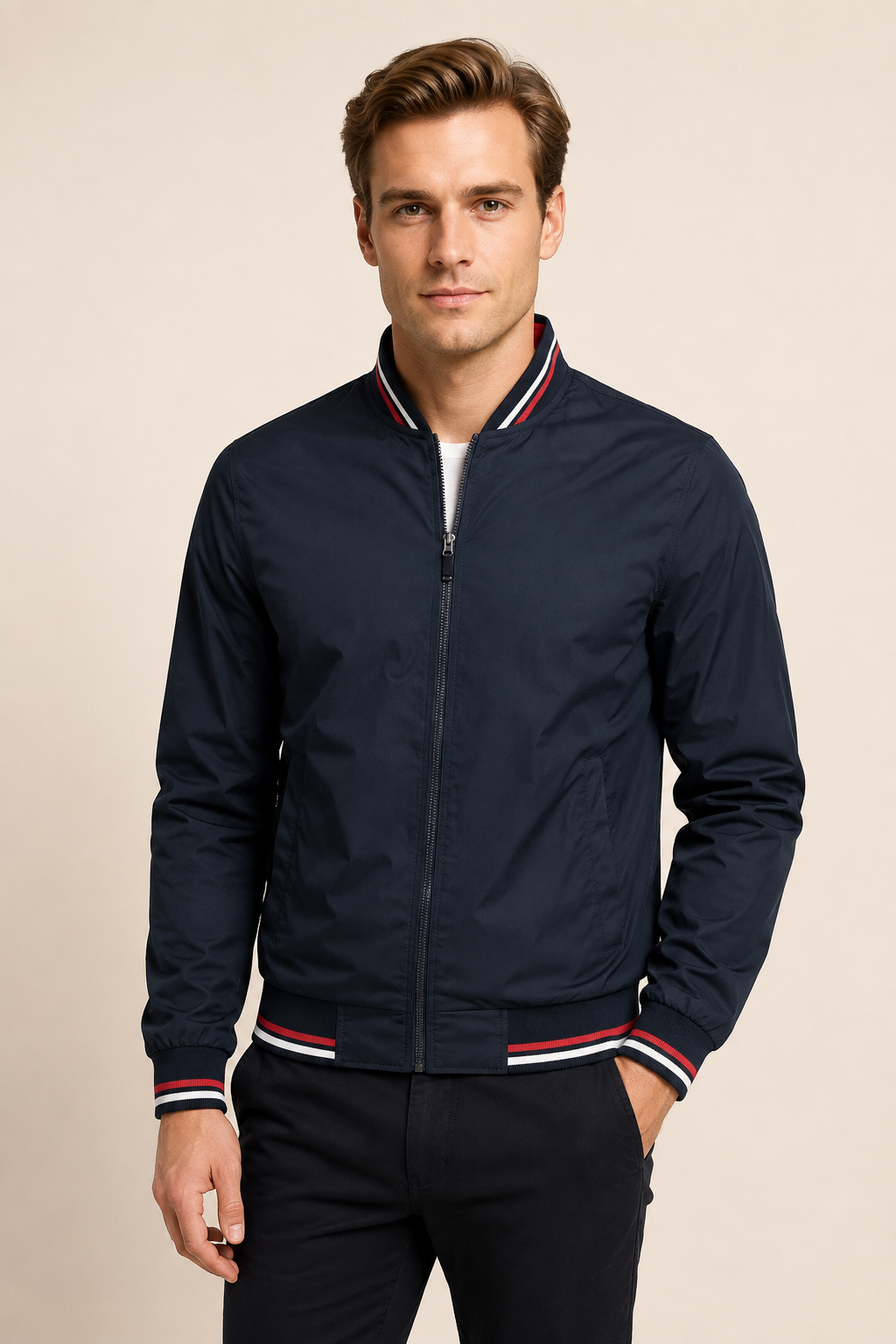 Men's navy casual bomber jacket with red and white stripe trim, worn by model in warm beige studio