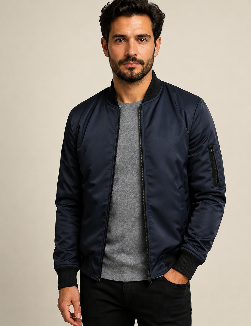 Men's dark navy satin bomber jacket, worn by model in warm beige studio