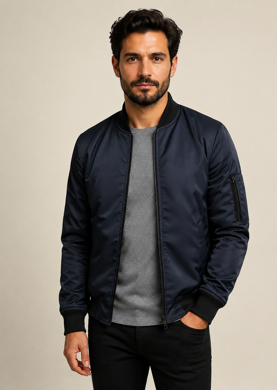 Men's dark navy satin bomber jacket, worn by model in warm beige studio