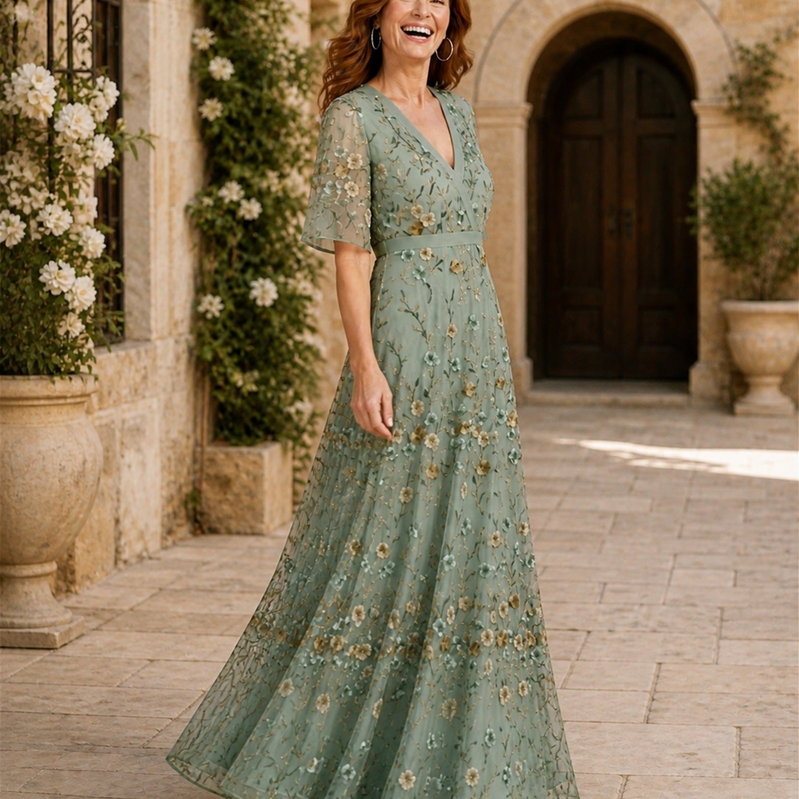Ana-Roxana în rochie maxi verde salvie cu broderie florală, vedere laterală în exterior