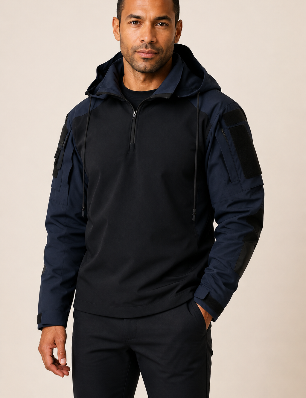 Men's navy and black technical outdoor jacket, worn by model in warm beige studio