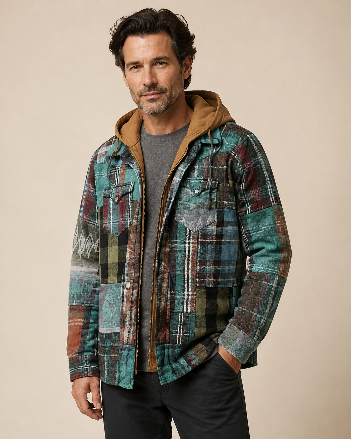 Men's multicolor patchwork hooded jacket, worn by model in warm beige studio