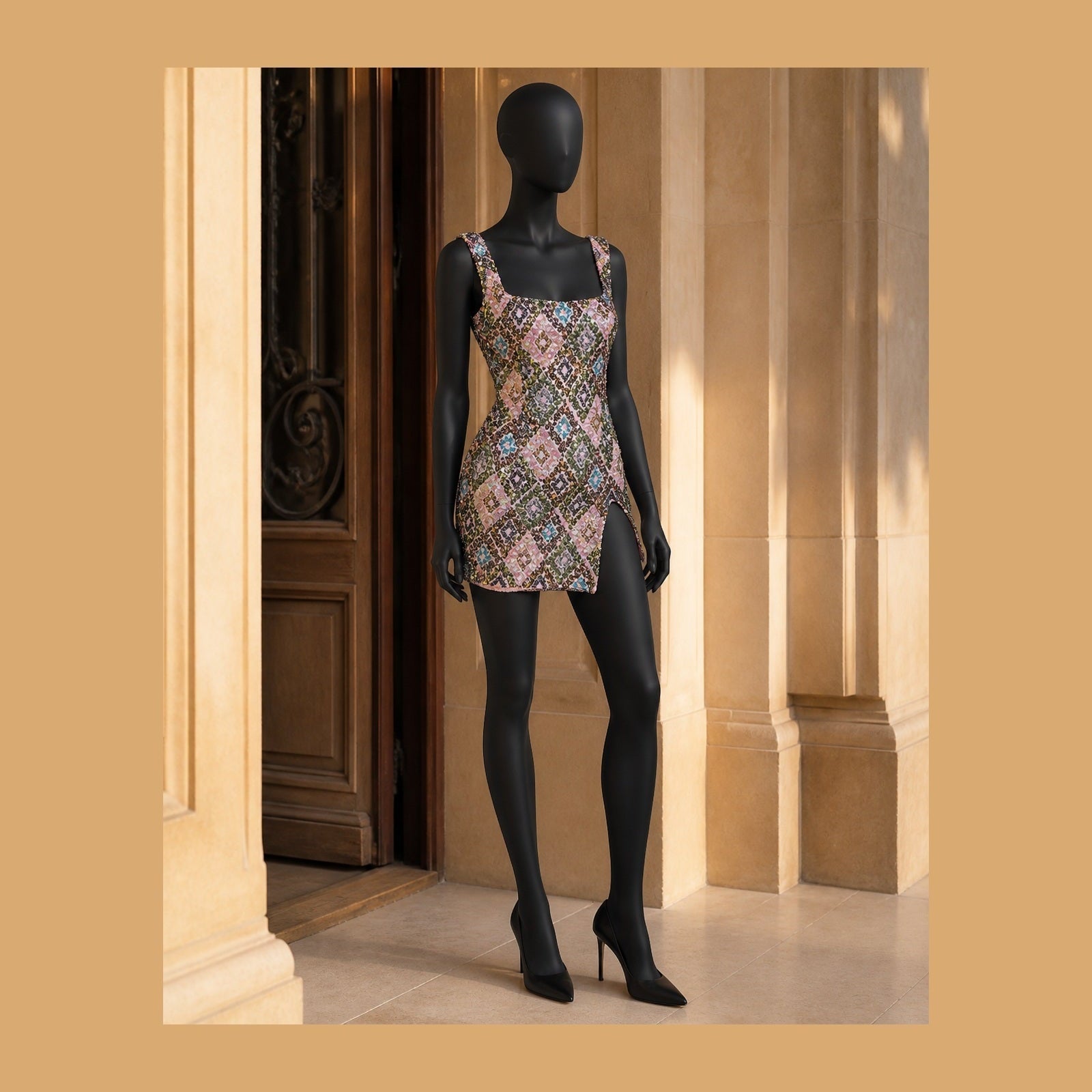 Rochie mini Iulia cu paiete multicolore, vedere laterală în exterior