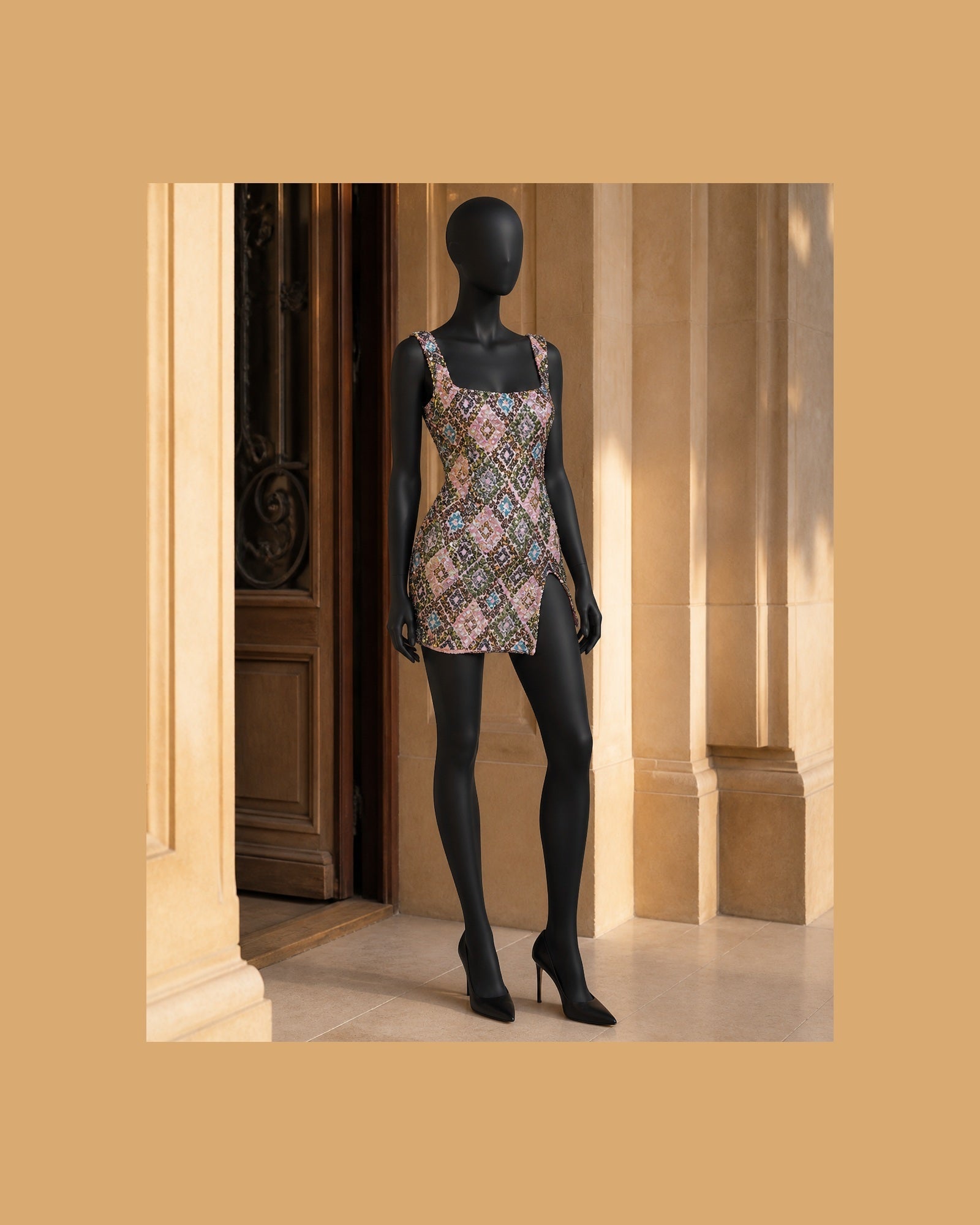 Rochie mini Iulia cu paiete multicolore, vedere laterală în exterior