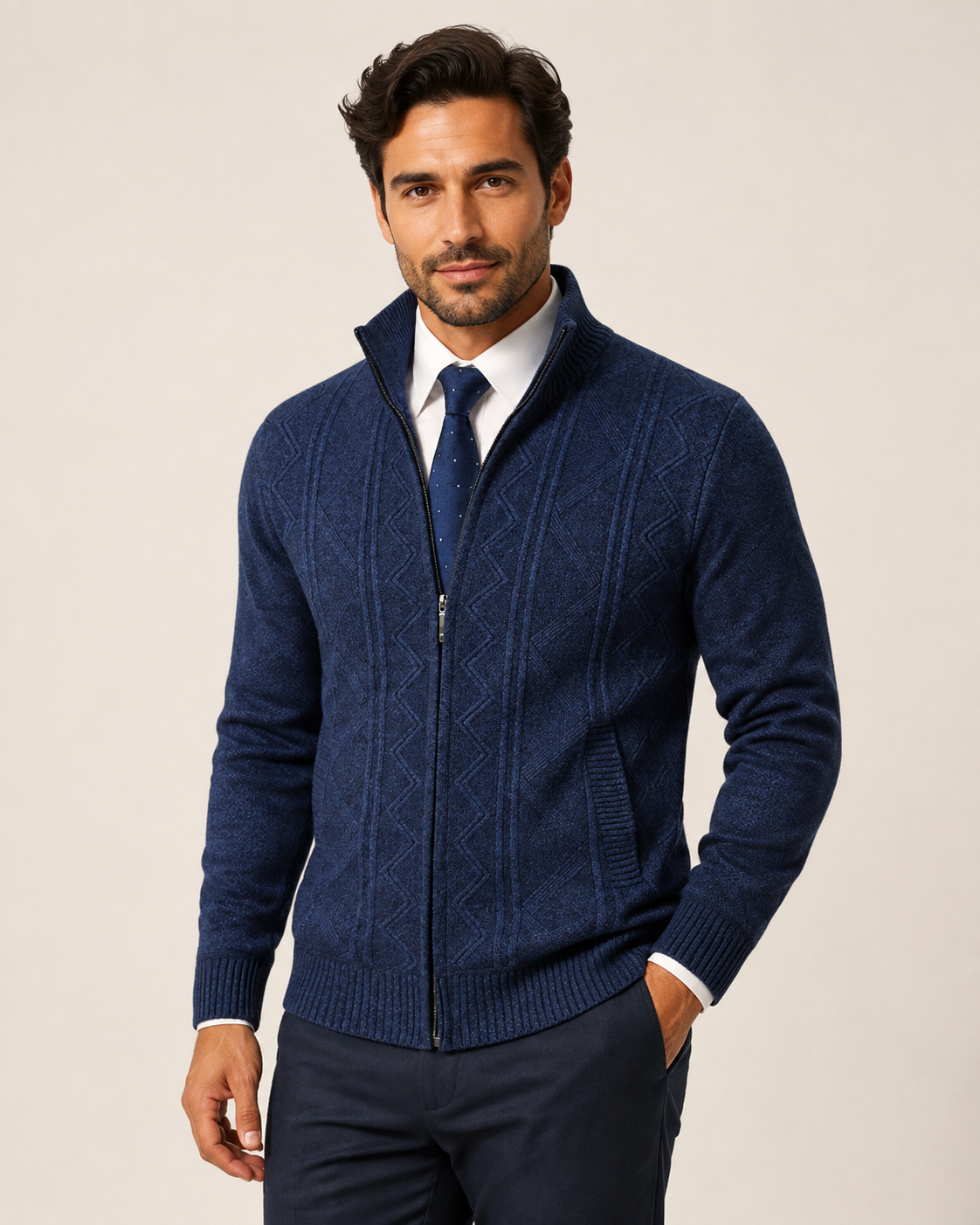 Men's navy cable-knit zip cardigan, worn by model in warm beige studio