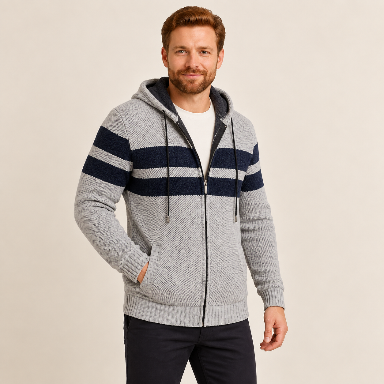 Gestreifte Kapuzenjacke in Hellgrau mit marineblauen Streifen – seitliche Modelpose