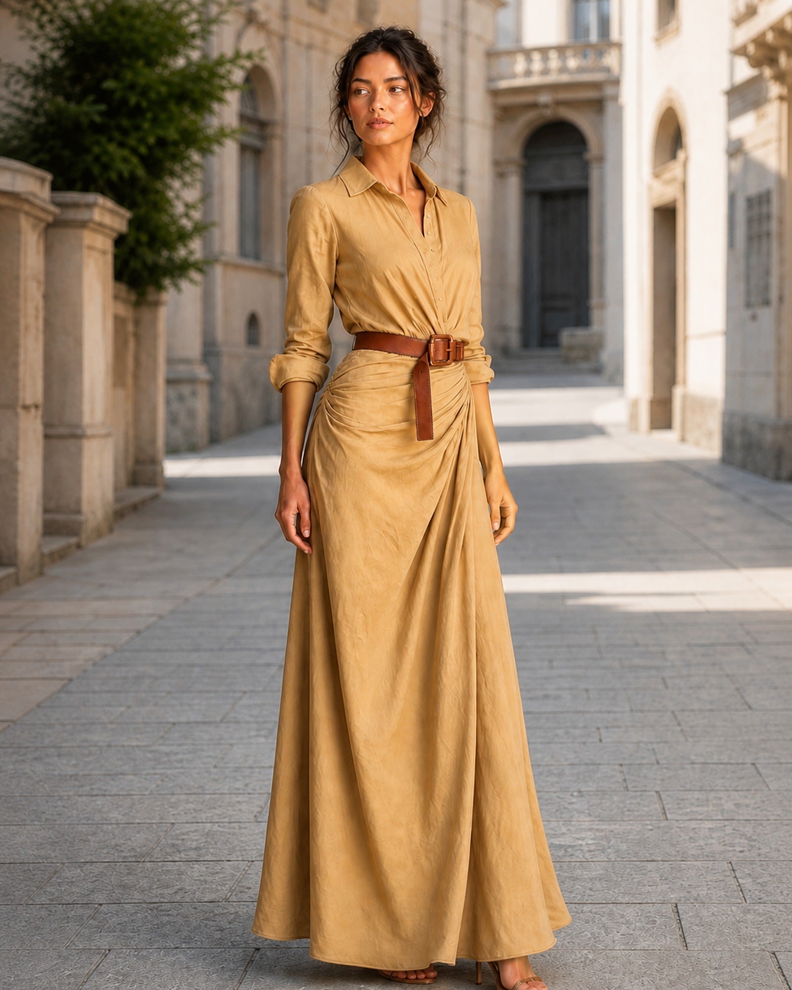 Simona-Maria în rochie Bej, vedere laterală în exterior